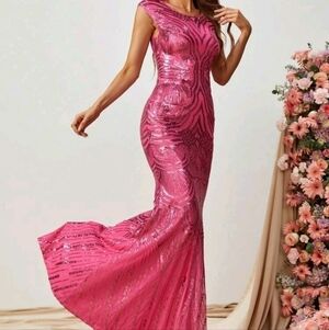Hot Pink Party Contrast Sequin, round neck, cap sleeve,  Mermaid Maxi Go…